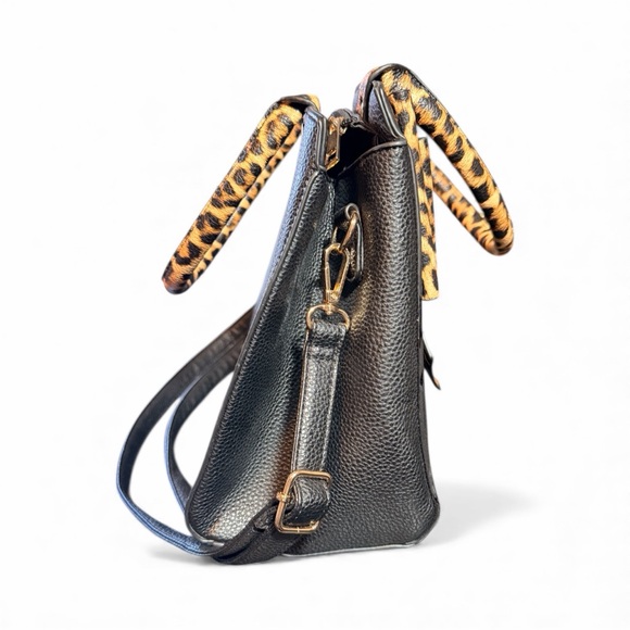 Crossi Black Satchel with Leopard Print Bow & Handles - Picture 6 of 11